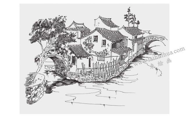 江南民居风景速写的画法步骤04