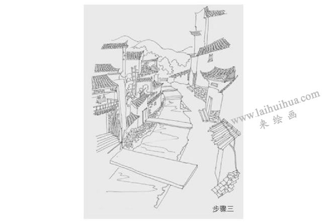 婺源水渠风景速写作画步骤03