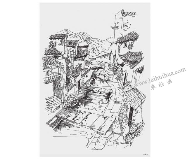婺源水渠风景速写作画步骤04