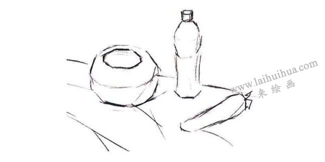陶罐、饮料瓶和胡萝卜组合水粉画法步骤01