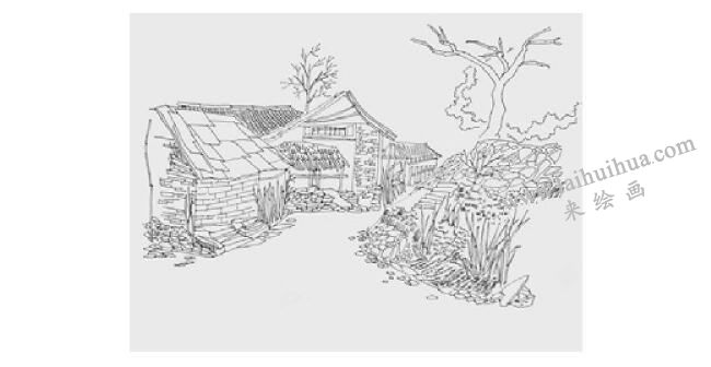 乡村小屋风景速写画法步骤03