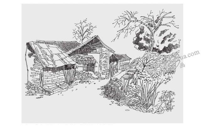 乡村小屋风景速写画