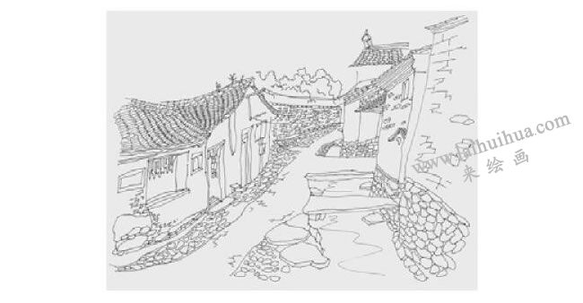 古镇小巷风景速写画法步骤03
