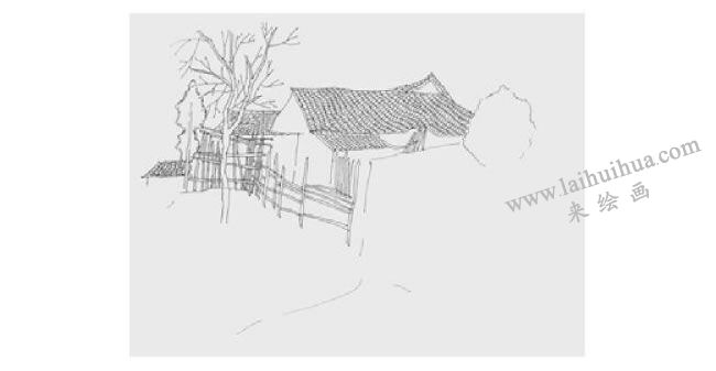 农家小院风景速写画法步骤02