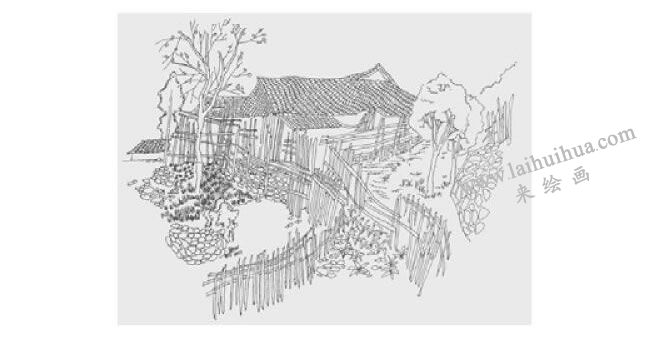 农家小院风景速写画法步骤03