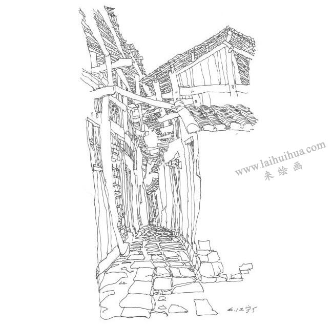 《宁厂镇上的小街》钢笔风景速写