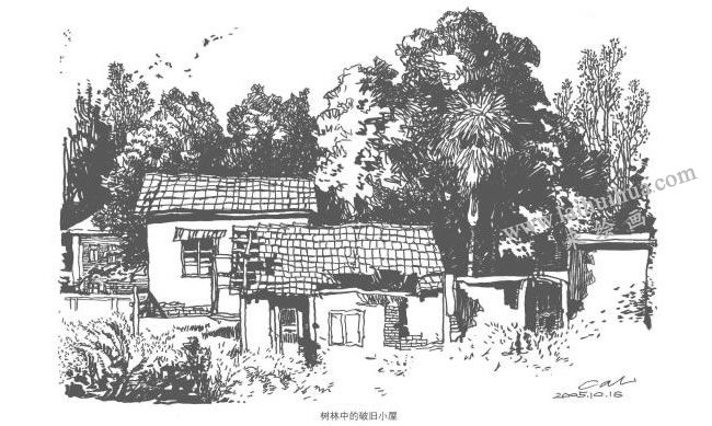 树林中的破旧小屋钢笔速写