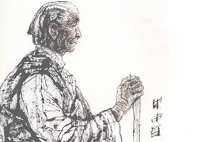 持杖的老太太写意人物画