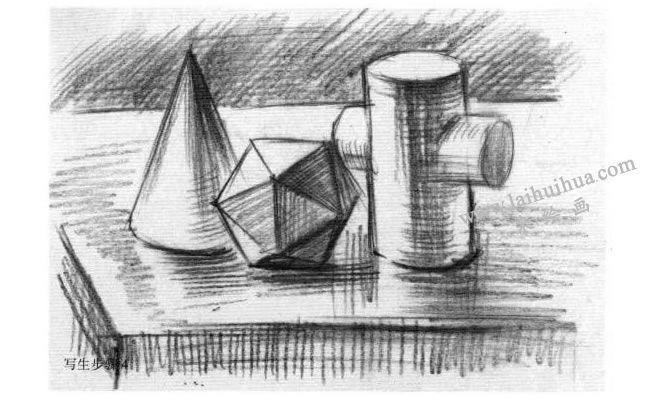 三个几何体组合素描写生作画步骤04