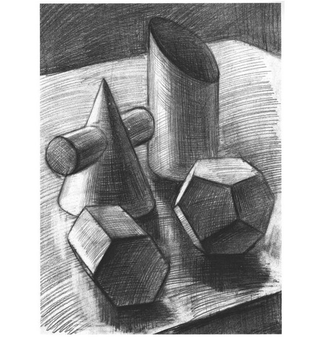 四个几何体组合素描实例（一）