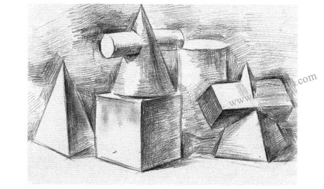 五个几何体组合素描写生作画步骤04