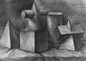 五个几何体组合素描实例（一）