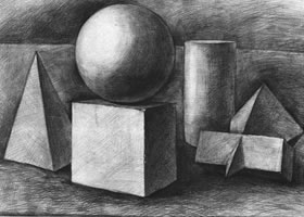 五个几何体组合素描实例（三）