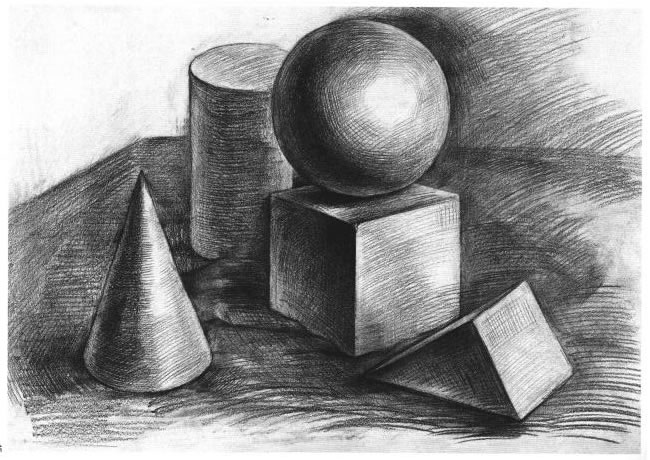 五个几何体组合素描实例（四）