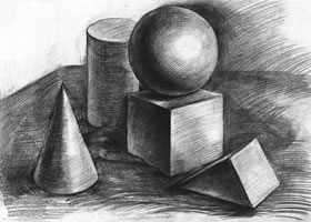 五个几何体组合素描实例（四）