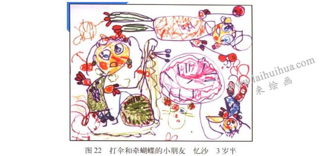 打伞和牵蝴蝶的小朋友儿童画