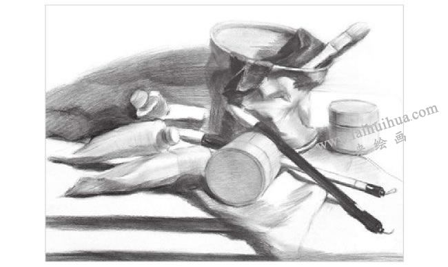 画具颜料组合素描画法步骤02，铺大明暗