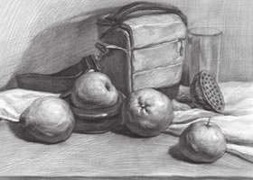 帆布包与水果组合素描画法