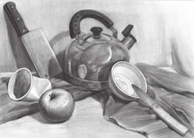 厨具与水果组合素描画法