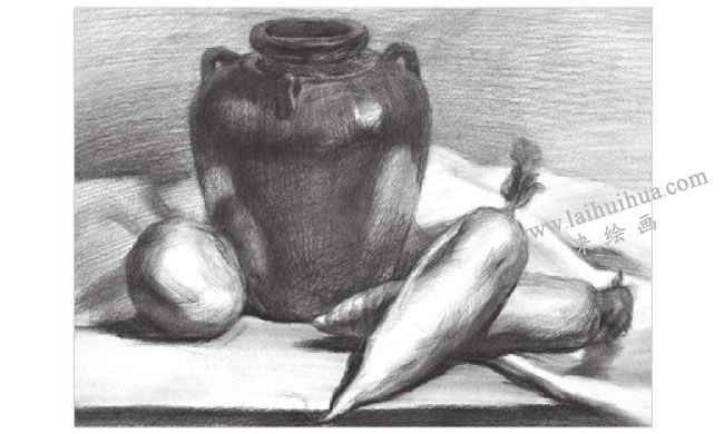 深釉陶罐与蔬果组合素描画法步骤03