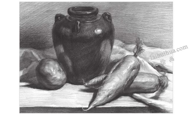 深釉陶罐与蔬果组合素描画