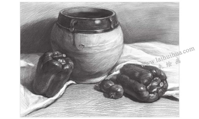 宽口陶罐与青椒组合素描画