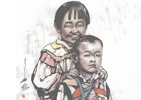 姐弟俩(双人组合)写意人物画
