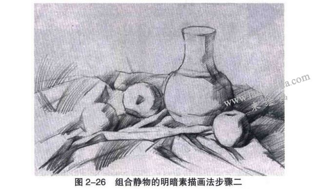 静物的明暗素描画法步骤：大体明暗
