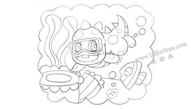 潜水的小恐龙创意素描画法步骤02