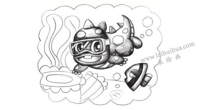 潜水的小恐龙创意素描画法步骤03