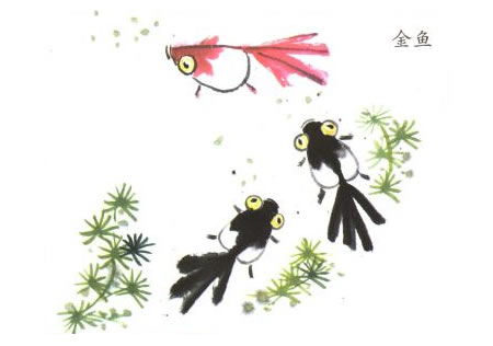 金鱼儿童水墨画法