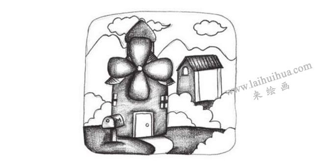 风车房子创意素描画法步骤03