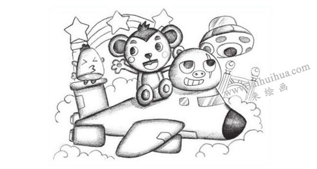 空中旅行创意素描画法步骤03