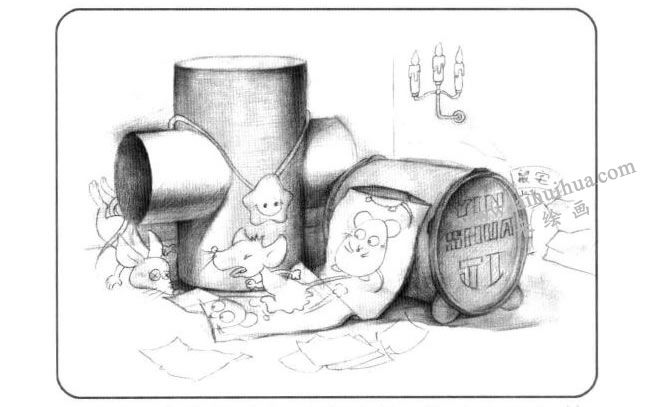 手纸盒与石膏组合体儿童创意素描画法步骤03