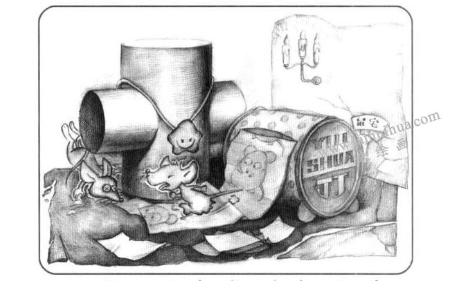 手纸盒与石膏组合体儿童创意素描画法步骤04