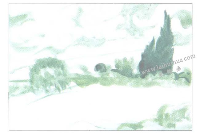 临摹梵高《有系杉的麦田》水粉画作品创作步骤01