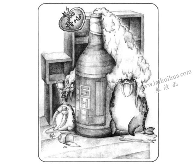 啤酒瓶儿童创意素描画法步骤04
