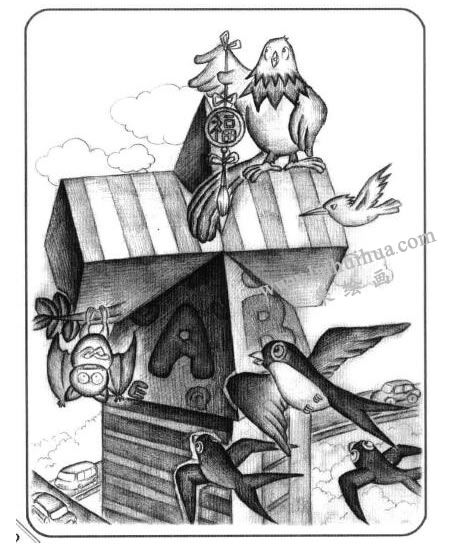 长方体与棱柱的组合体儿童创意素描画法步骤03