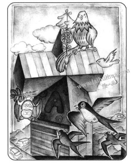 长方体与棱柱的组合体儿童创意素描画法步骤04