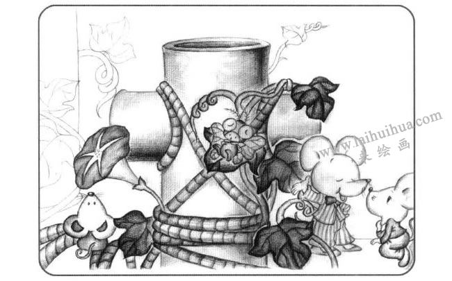 两个圆柱体儿童创意素描画法步骤03