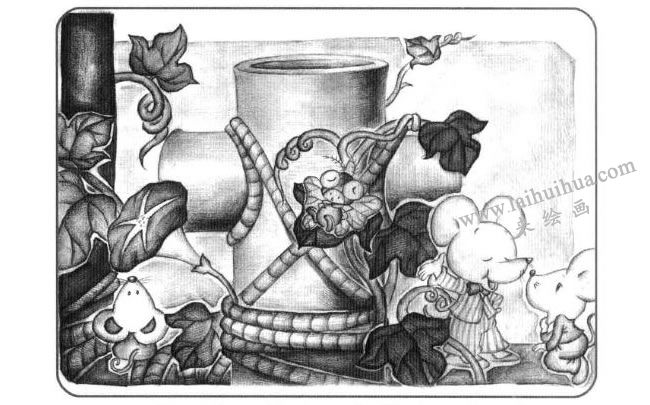 两个圆柱体儿童创意素描画法步骤04