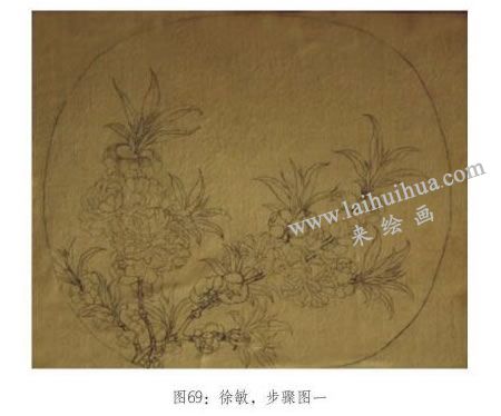 工笔画《碧桃图》临摹示范步骤：勾白描底稿