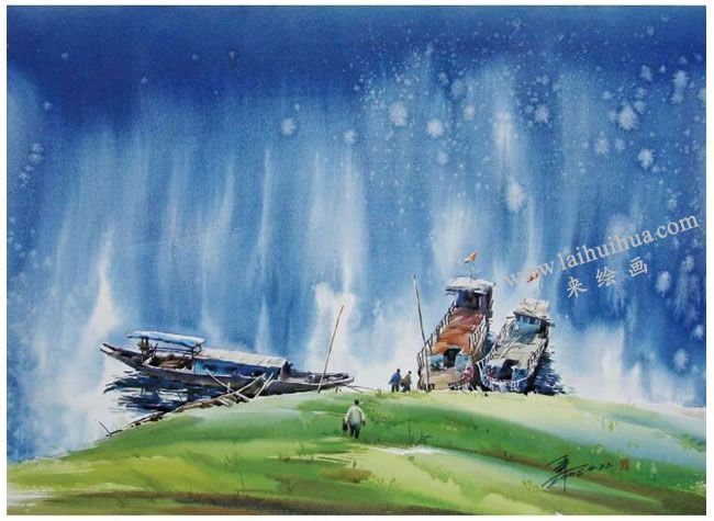 水彩画弹水技法范画