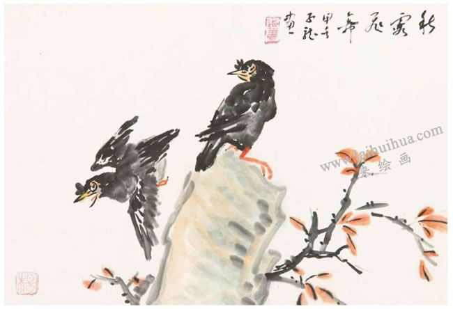 秋霞飞舞,八哥写意画