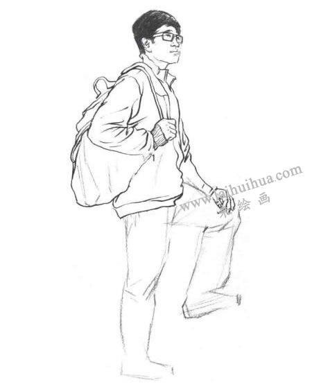 单人速写挎包男青年线条表现法作画步骤04