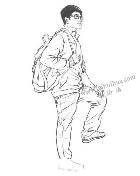 单人速写挎包男青年线条表现法作画步骤05