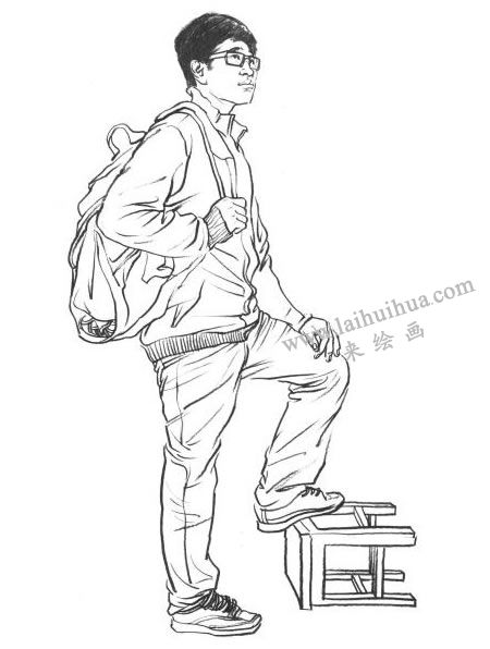 单人速写挎包男青年线条表现法作画步骤06