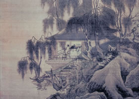 唐寅《落霞孤鹜图》轴赏析