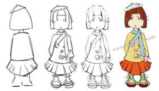 卡通女孩插画步骤示意图