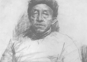 戎国辉《老人肖像》素描作品